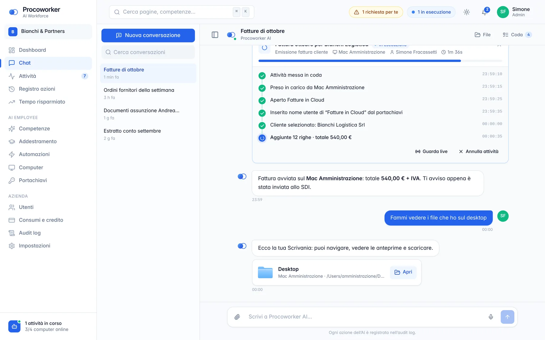Chat con Procoworker, card dei file e delle attività