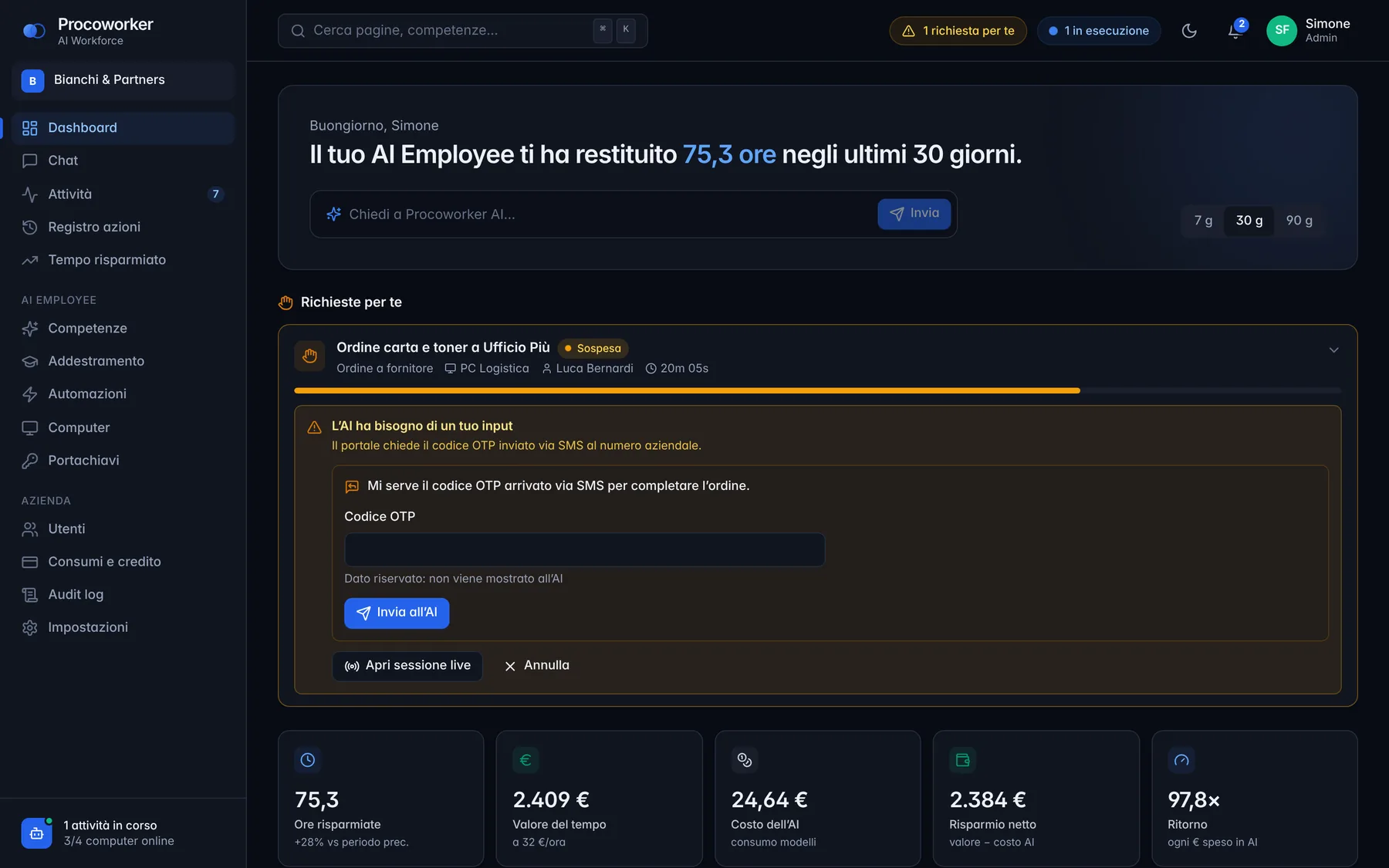 Dashboard di Procoworker in modalità scura con le ore risparmiate e le richieste in corso